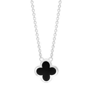 18ct White Gold Whitby Jet Bloom Small Four Leaf Clover Polished Edge Pendant
