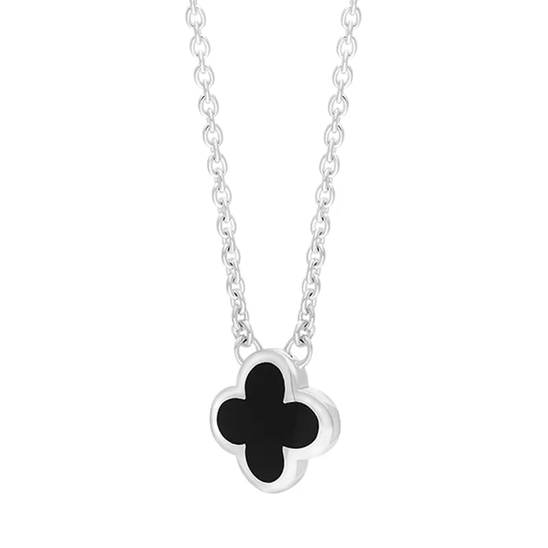 18ct White Gold Whitby Jet Bloom Small Four Leaf Clover Polished Edge Pendant