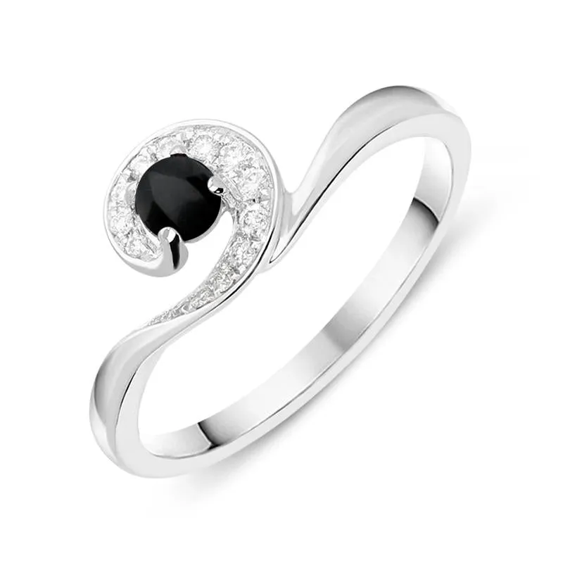 18ct White Gold Whitby Jet Diamond Stone Swirl Ring