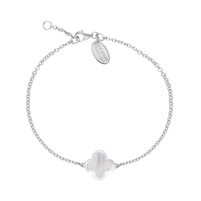 18ct White Gold White Mother of Pearl Bloom Four Leaf Clover Polished Edge Bracelet