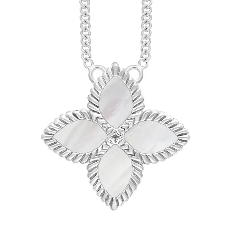 18ct White Gold White Mother of Pearl Eden Large Marquise Flower Necklace