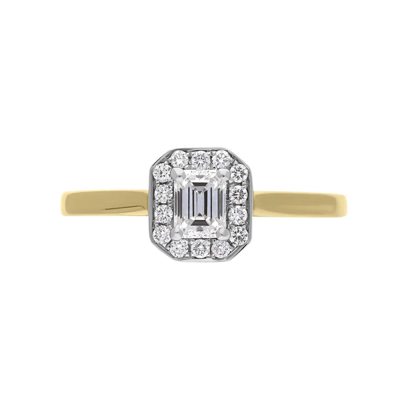 18ct Yellow Gold 0.49ct Diamond Emerald Cut Halo Ring