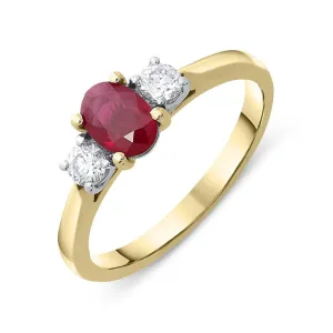 18ct Yellow Gold 0.65ct Ruby Diamond Trilogy Ring