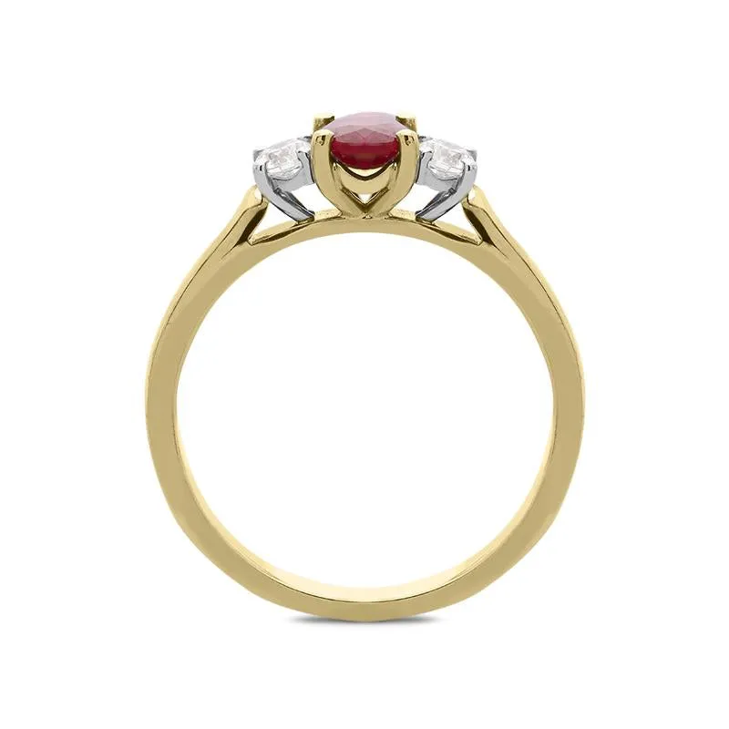 18ct Yellow Gold 0.65ct Ruby Diamond Trilogy Ring