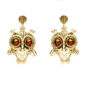 18ct Yellow Gold Amber Orange Owl Stud Earrings