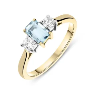 18ct Yellow Gold Aquamarine and Diamond Emerald Cut Ring