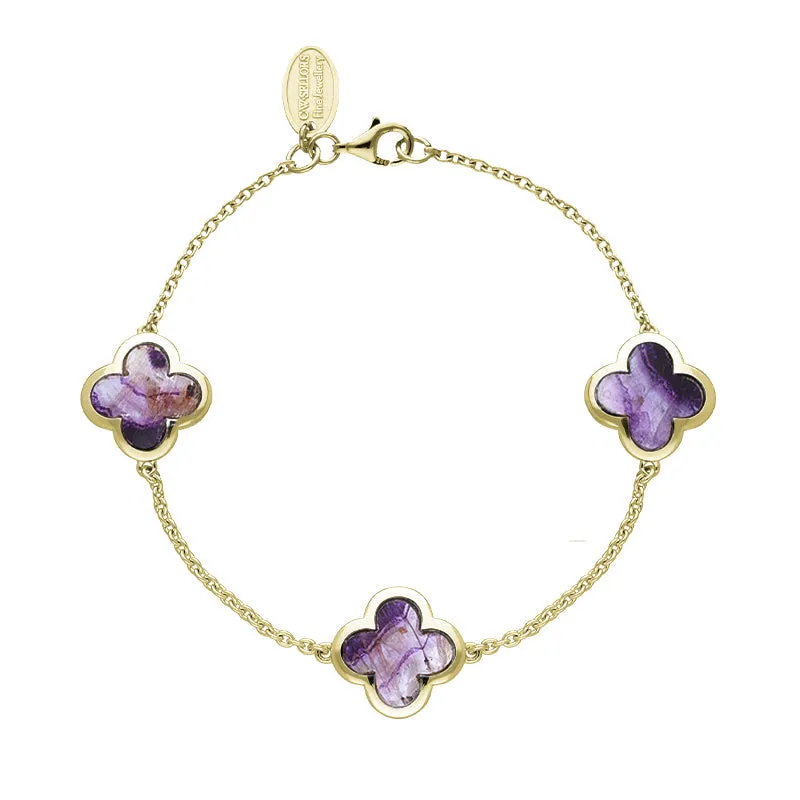 18ct Yellow Gold Blue John  bloom Four Leaf Clover Chain Bracelet