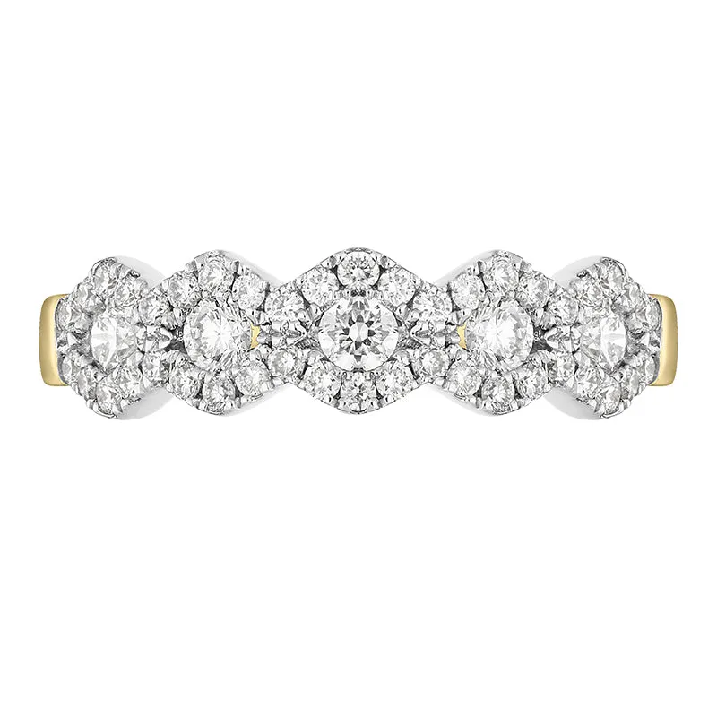 18ct Yellow Gold Diamond Five Stone Cluster Half Eternity Ring