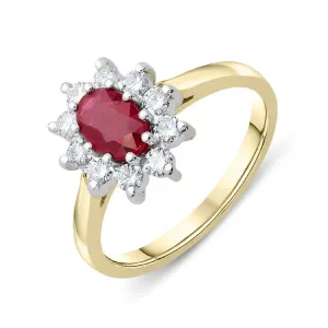18ct Yellow Gold Ruby and Diamond Oval Cluster Ring