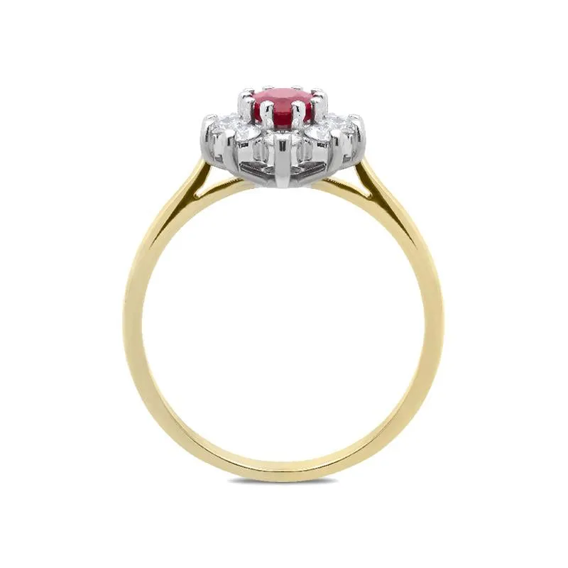 18ct Yellow Gold Ruby and Diamond Oval Cluster Ring