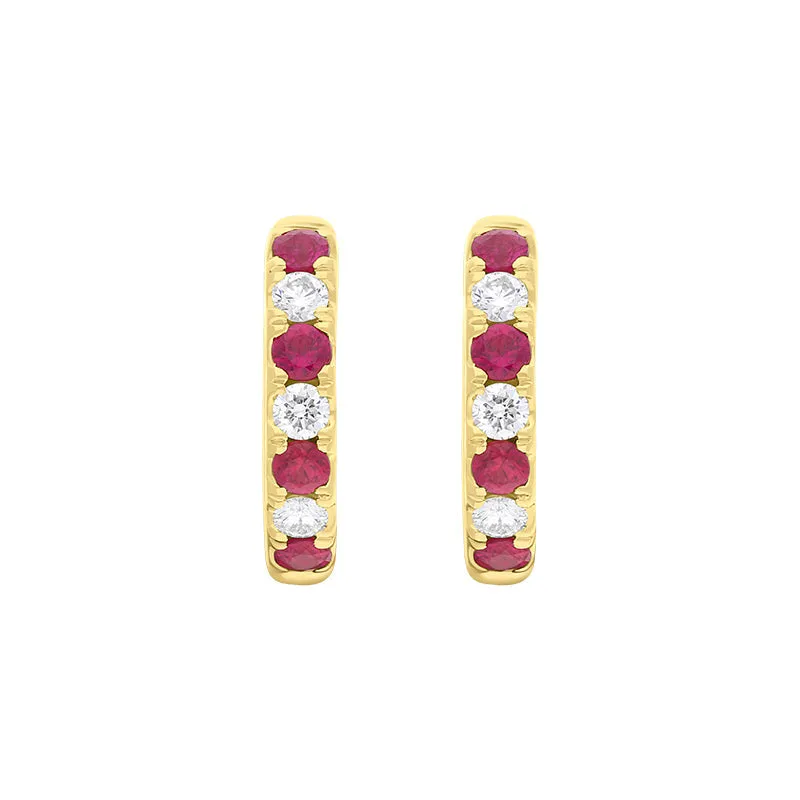 18ct Yellow Gold Ruby Diamond 13.5mm Hoop Earrings