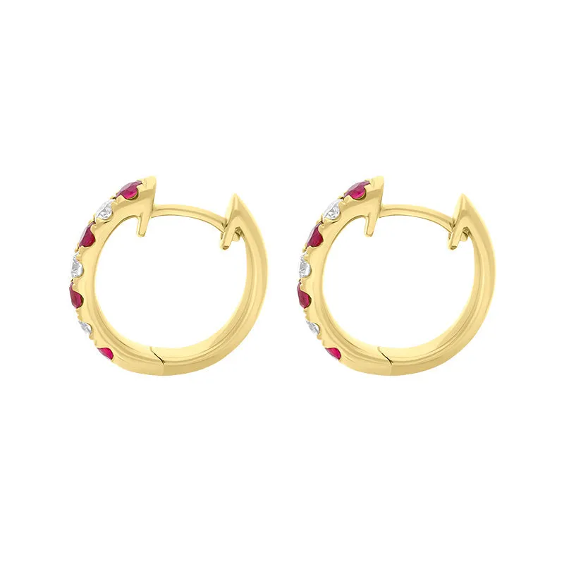 18ct Yellow Gold Ruby Diamond 13.5mm Hoop Earrings