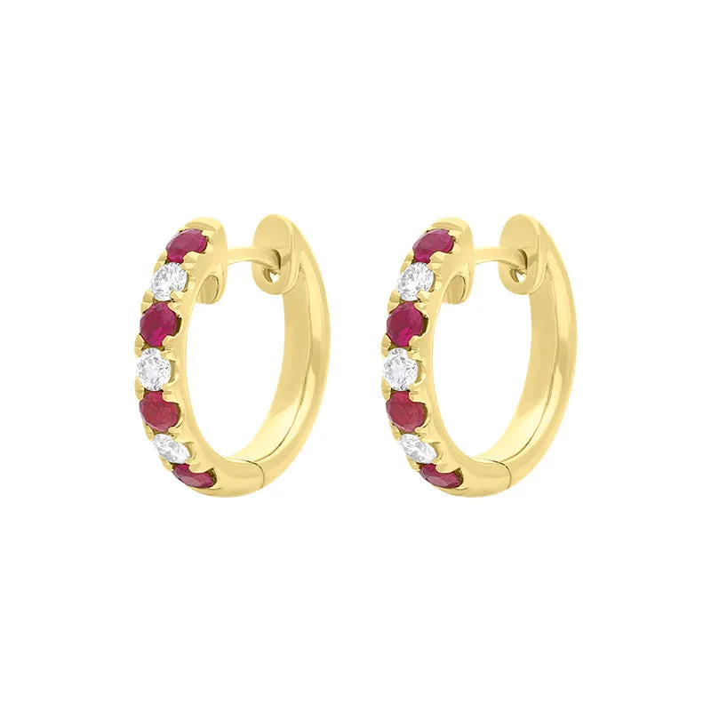 18ct Yellow Gold Ruby Diamond 13.5mm Hoop Earrings