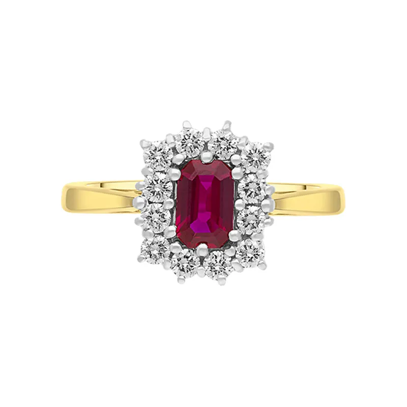 18ct Yellow Gold Ruby Diamond Emerald Cut Cluster Ring