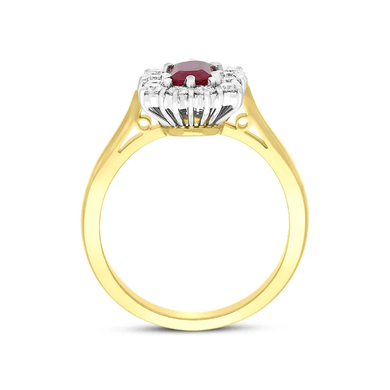 18ct Yellow Gold Ruby Diamond Emerald Cut Cluster Ring