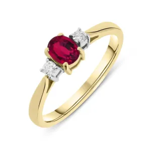 18ct Yellow Gold Ruby Diamond Oval Cut Trilogy Ring