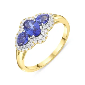 18ct Yellow Gold Sapphire Diamond Three Stone Cluster Ring