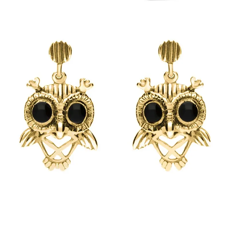 18ct Yellow Gold Whitby Jet Owl Stud Earrings