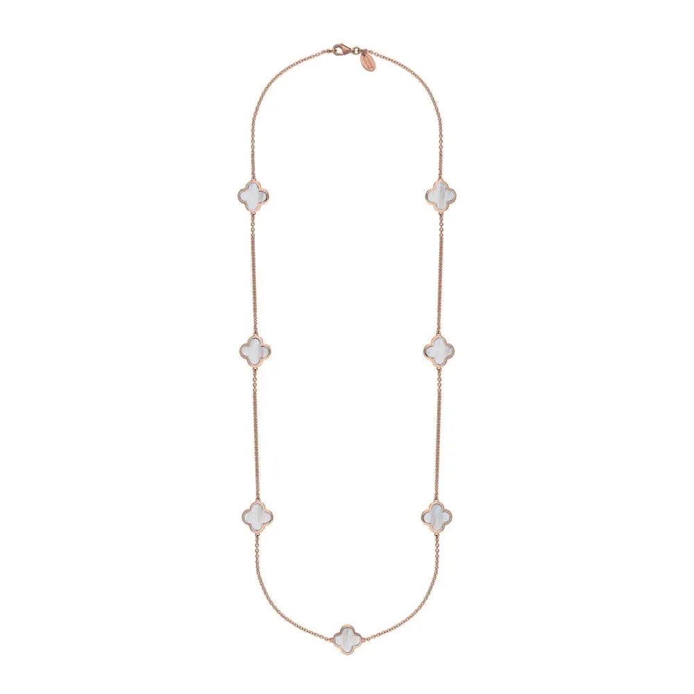9ct Rose Gold White Mother of Pearl Bloom Four Leaf Clover Long Necklace