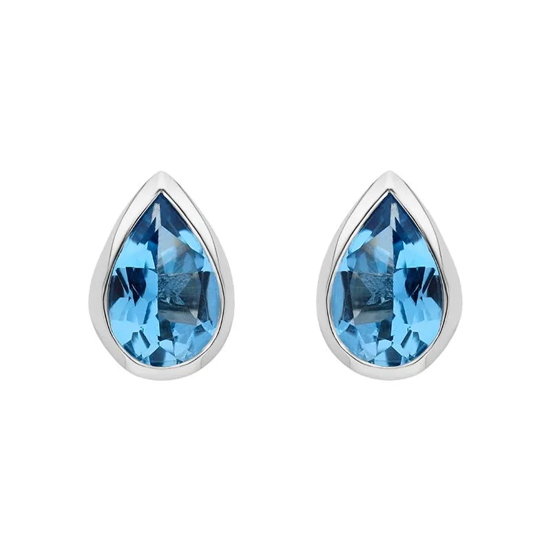 9ct White Gold Blue Topaz 6x4mm Pear Rub Over Stud Earrings