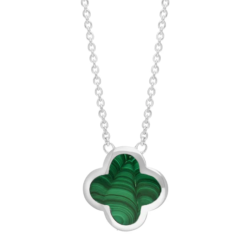 9ct White Gold Malachite Bloom Large Four Leaf Clover Polished Edge Pendant