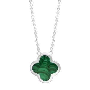 9ct White Gold Malachite Bloom Large Four Leaf Clover Polished Edge Pendant