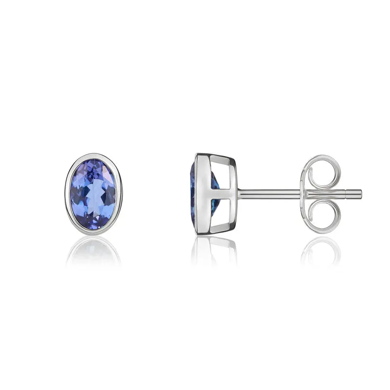 9ct White Gold Tanzanite 6x4mm Oval Rub Over Set Stud Earrings