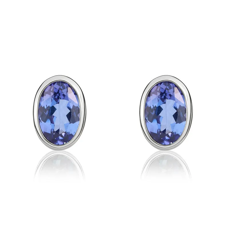 9ct White Gold Tanzanite 6x4mm Oval Rub Over Set Stud Earrings