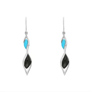 9ct White Gold Whitby Jet Turquoise Double Graduated Twist Drop Earrings