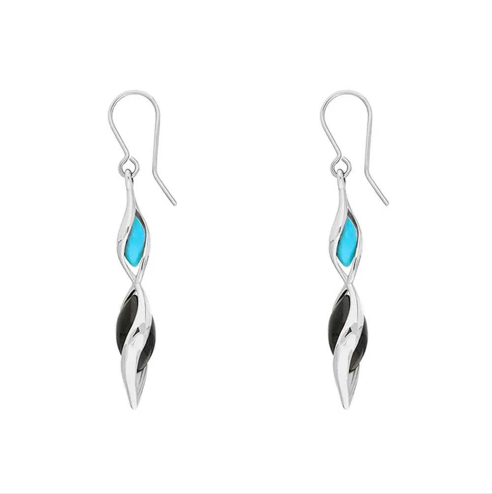 9ct White Gold Whitby Jet Turquoise Double Graduated Twist Drop Earrings