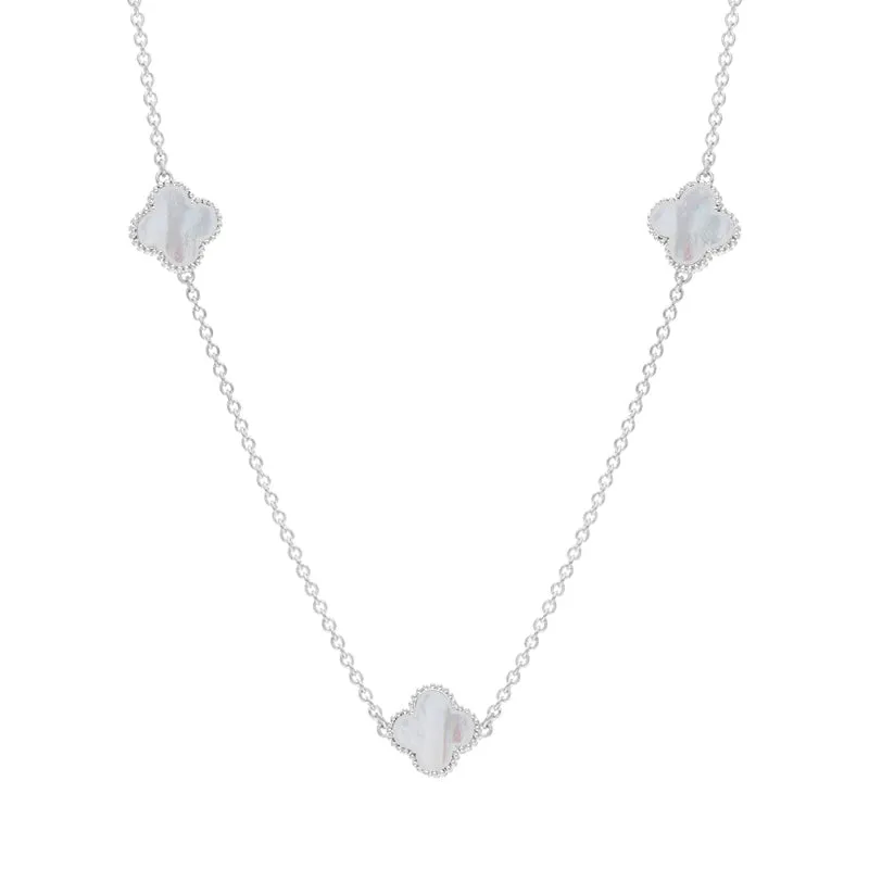9ct White Gold White Mother of Pearl Bloom Four Leaf Clover Ball Edge Necklace