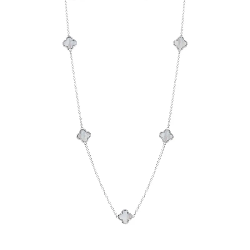9ct White Gold White Mother of Pearl Bloom Four Leaf Clover Ball Edge Necklace