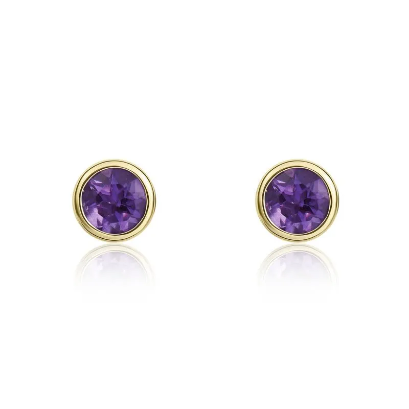 9ct Yellow Gold Amethyst 3mm Round Rub Over Set Stud Earrings