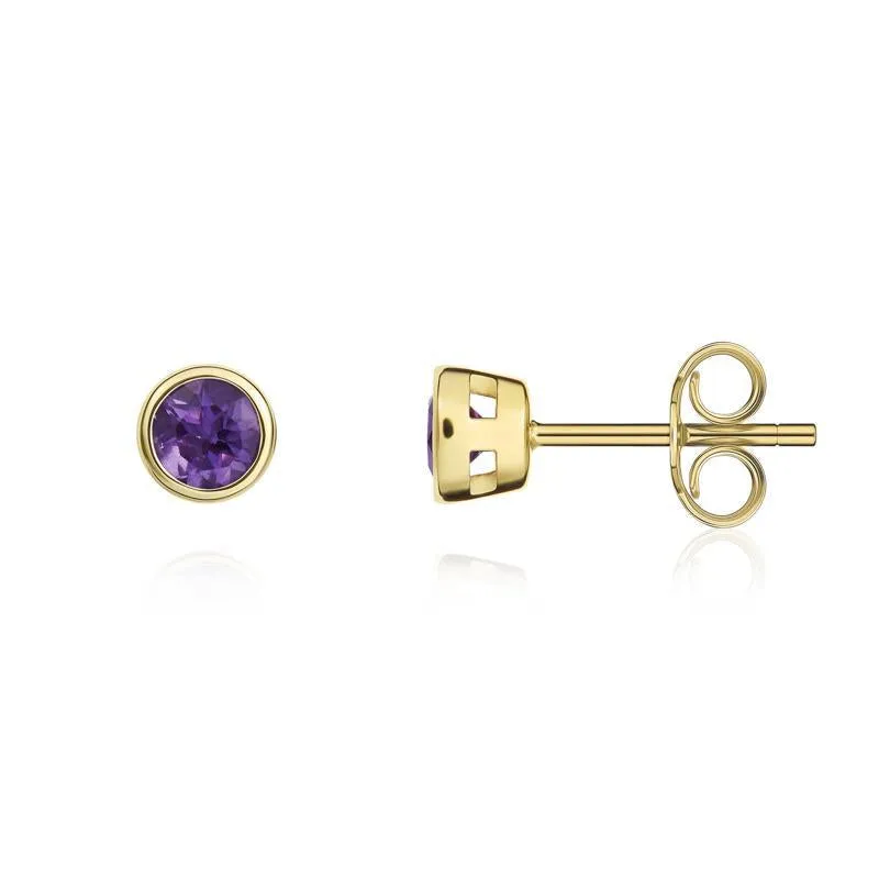 9ct Yellow Gold Amethyst 3mm Round Rub Over Set Stud Earrings