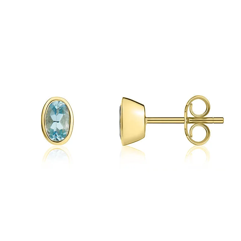 9ct Yellow Gold Aquamarine 5x3mm Oval Rub Over Set Stud Earrings