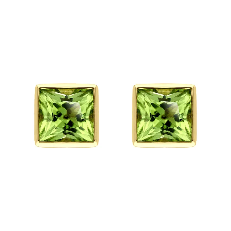 9ct Yellow Gold Peridot 4mm Princess Cut Rub Over Set Stud Earrings