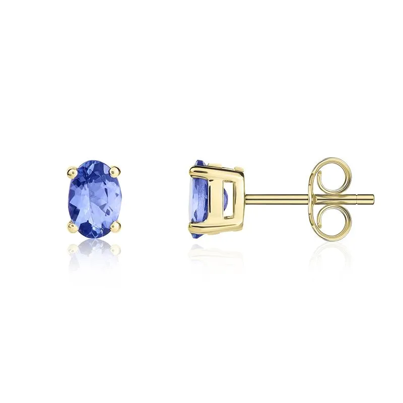 9ct Yellow Gold Tanzanite 6x4mm Oval Claw Set Stud Earrings