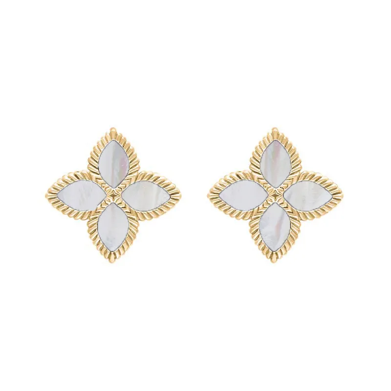 9ct Yellow Gold White Mother of Pearl Eden Marquise Flower Stud Earrings