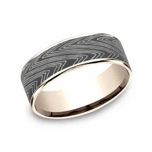 Benchmark 7.5mm 14K Rose Gold & Tamascus Herringbone Design Wedding Band