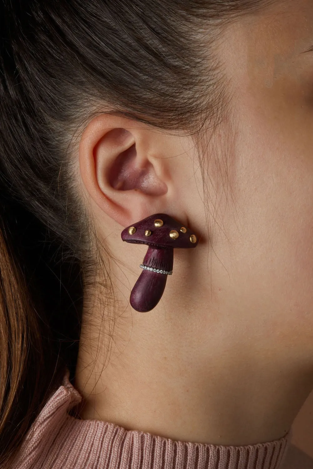 Carved Wood Mushroom 18K Gold Earrings