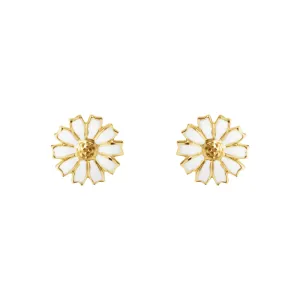 Daisy 7 mm Gold Plated Earrings w. White Enamel