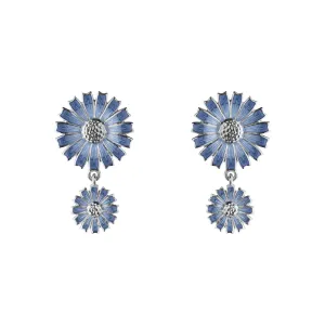 Daisy Double Silver Earrings w. Blue Enamel
