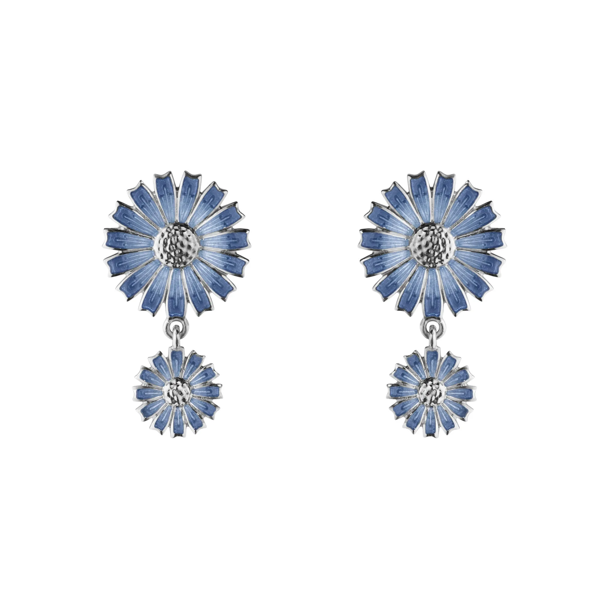 Daisy Double Silver Earrings w. Blue Enamel