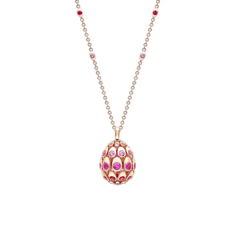 Fabergé Cosmic Curve 18k Rose Gold Ruby & Pink Sapphire Egg Pendant & Chain