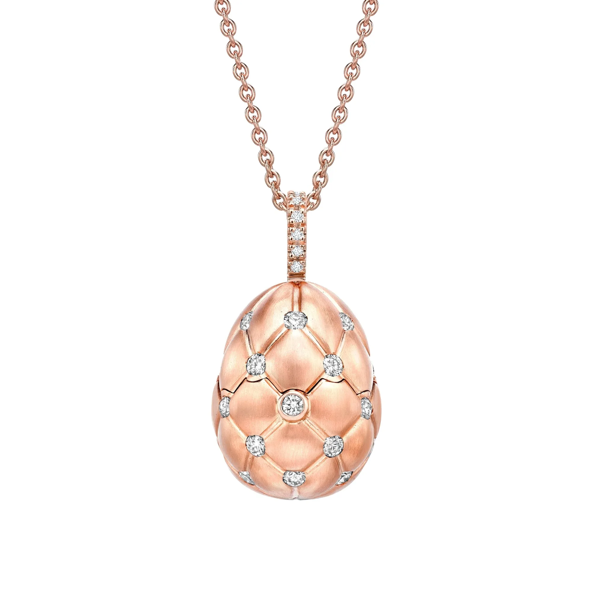 Faberge Treillage 18ct Rose Gold Diamond Ruby Heart Surprise Egg Pendant