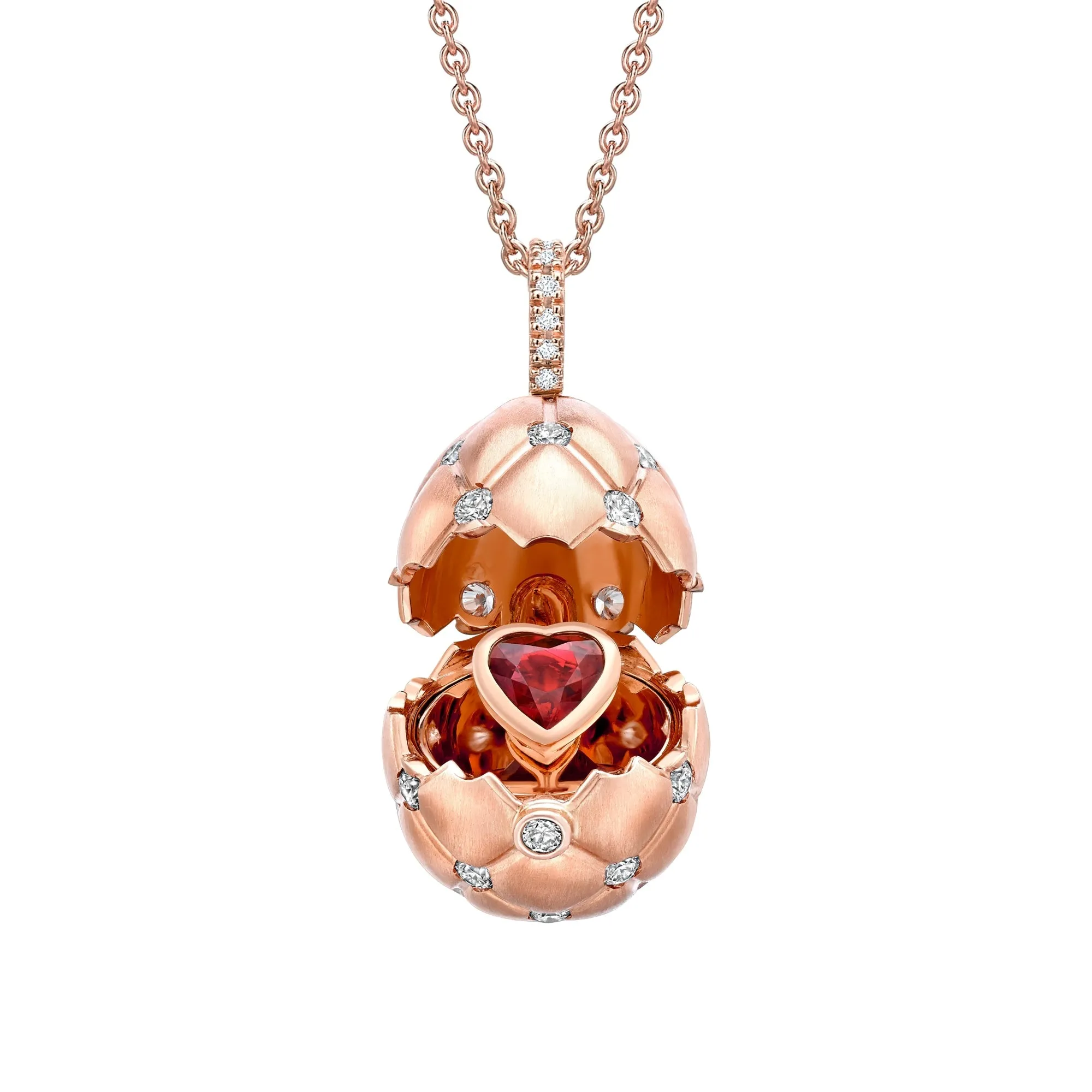 Faberge Treillage 18ct Rose Gold Diamond Ruby Heart Surprise Egg Pendant
