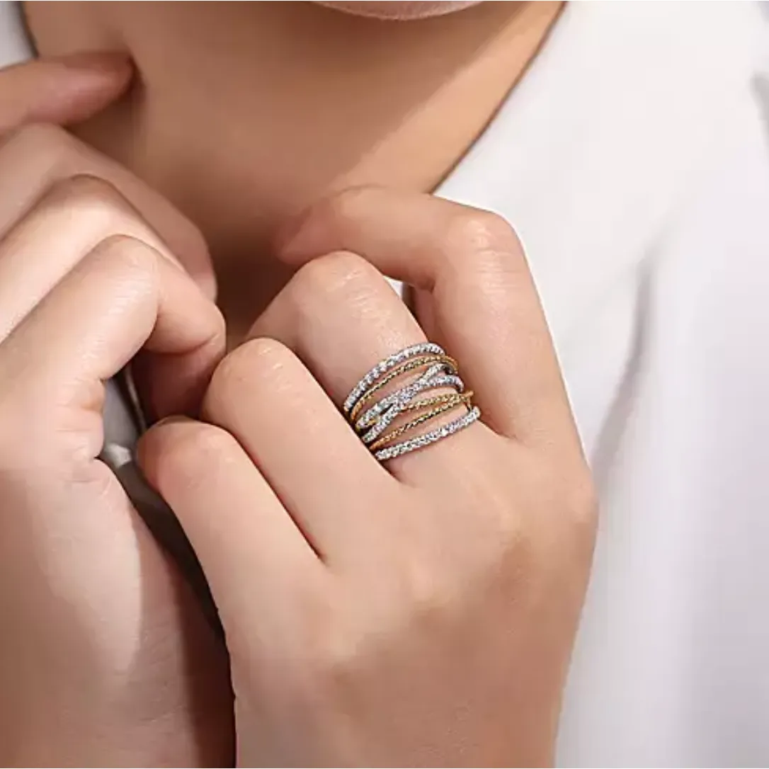Gabriel 14K White & Yellow Gold Twist Rope Multi Strand Diamond Ring
