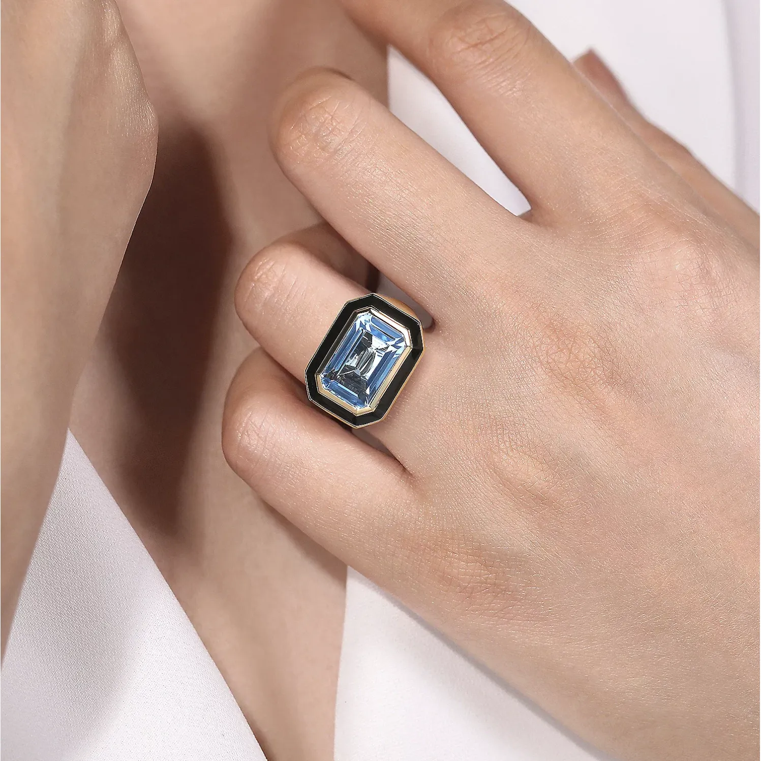 Gabriel 14K Yellow Gold Blue Topaz Emerald Cut Ring with Black Enamel