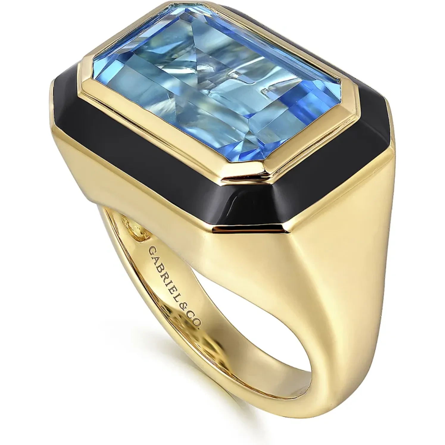 Gabriel 14K Yellow Gold Blue Topaz Emerald Cut Ring with Black Enamel