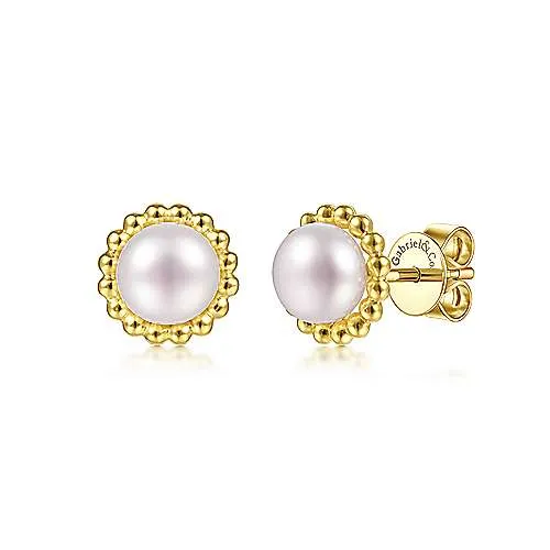 Gabriel 14K Yellow Gold Bujukan Beaded Frame Pearl Stud Earrings